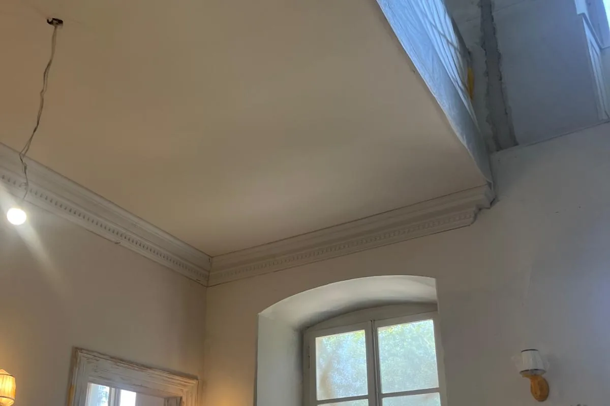 Sanierter Raum mit Stuckdecke und Bogenfenster